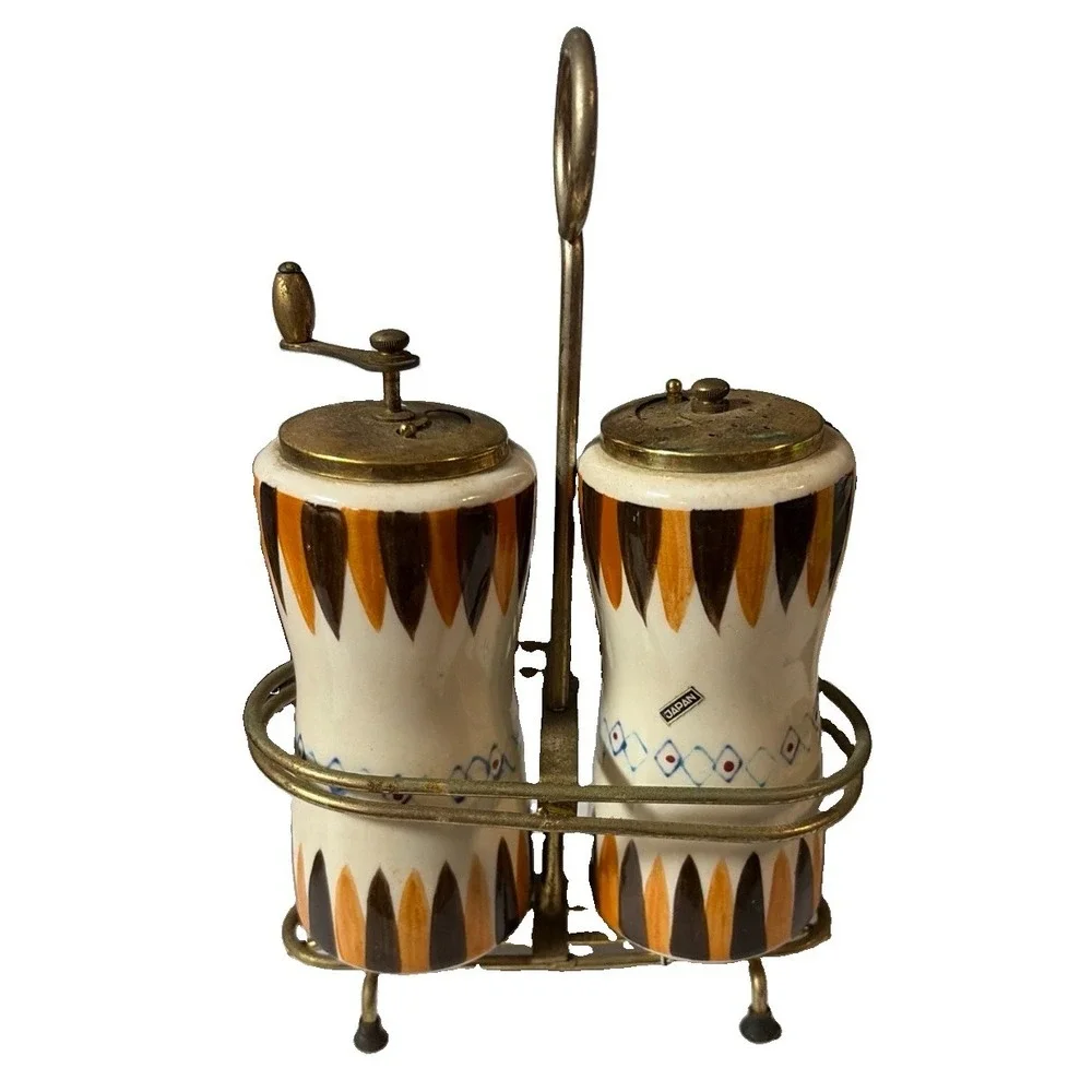 Japan Ceramic Brass Salt Shaker Pepper Grinder Caddy MCM Atomic Hand Painted